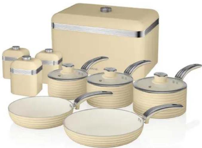 Product photo of a beige stainless steel kitchenware kit with a rectangular box and various kitchenware (no visible text or labels)