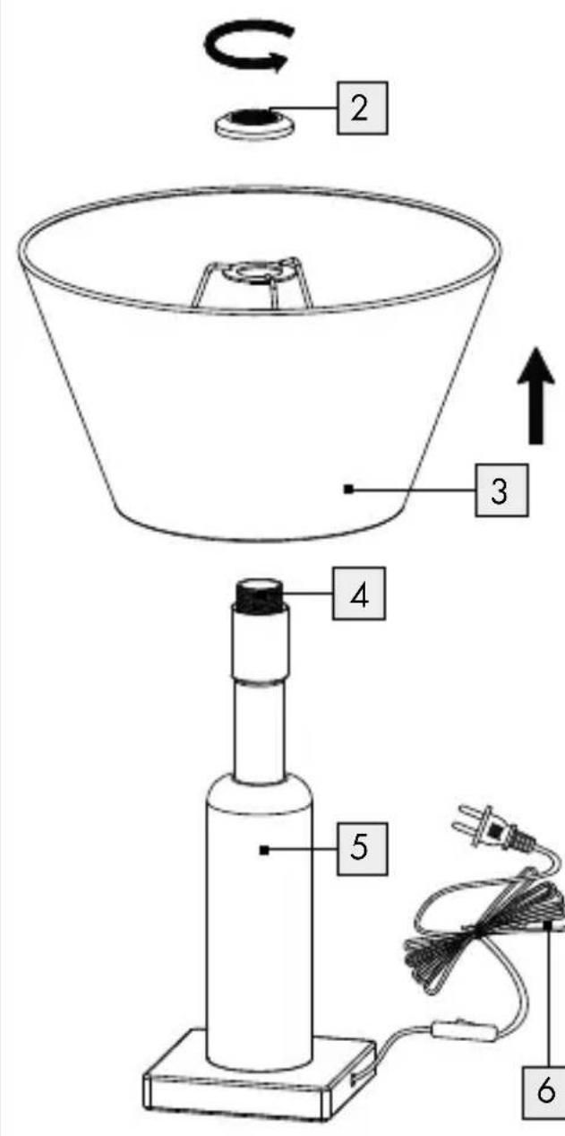 Diagram of a lamp fixture with labeled parts including a conical lamp, lamp base, and wiring connections.