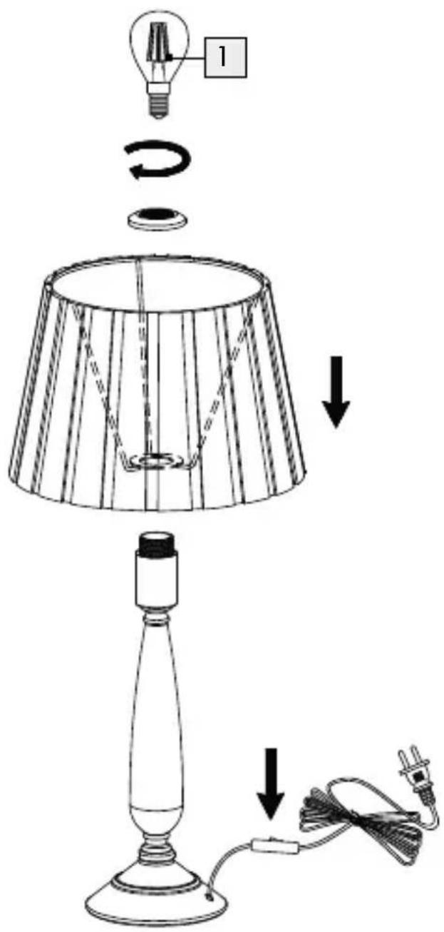 Diagram showing a table lamp installation procedure with labeled components and directional arrows indicating steps.