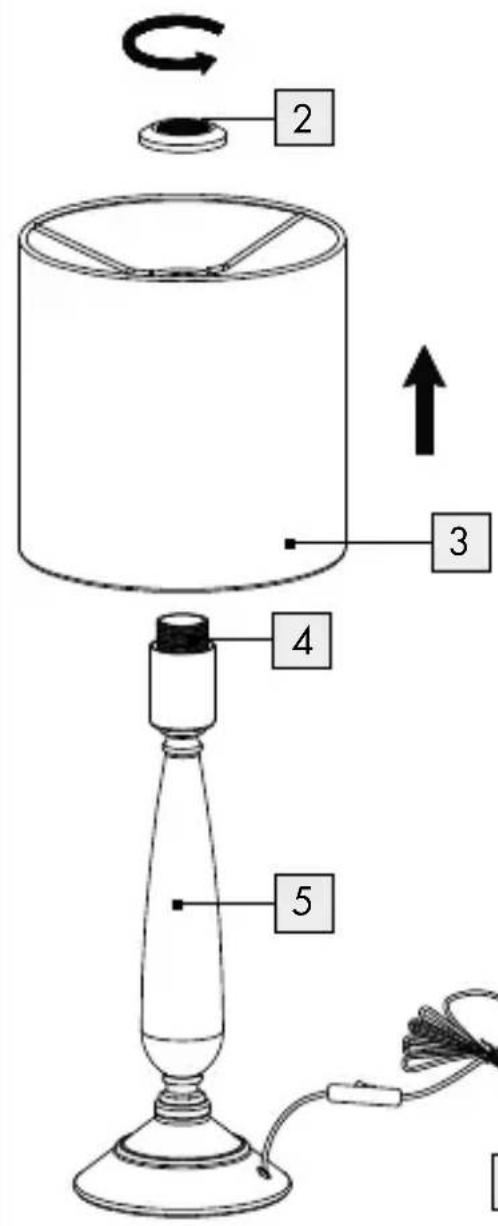 Diagram of a table lamp with labeled parts including base, top, and cable connection