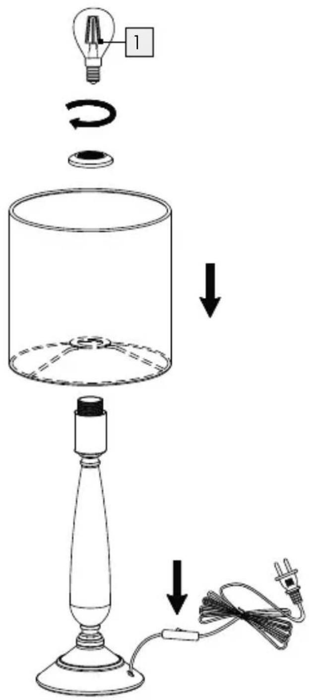 Diagram showing a table lamp installation procedure with labeled components and directional arrows indicating steps.