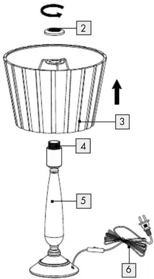 Diagram of a table lamp with labeled parts including a rotating switch, lampshade, and cable connection.