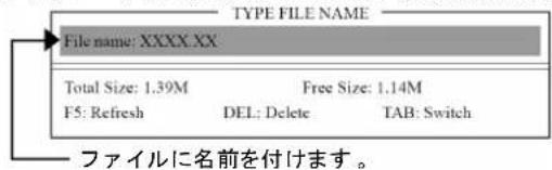TYPE FILE NAME File name: XXXX.XX Total Size: 1.39M Free Size: 1.14M F5: Refresh DEL: Delete TAB: Switch ファイルに名前を付けます。