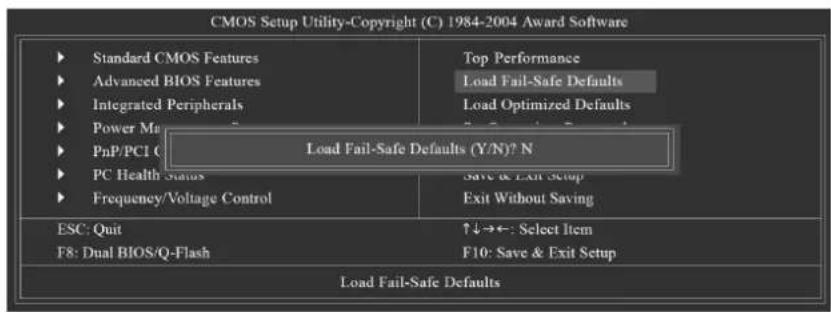 CMOS Setup Utility-Copyright (C) 1984-2004 Award Software ► Standard CMOS Features ► Advanced BIOS Features ► Integrated Peripherals ► Power Ma ► PnP/PCI C ► PC Health Status ► Frequency/Voltage Control Top Performance Load Fail-Safe Defaults Load Optimized Defaults Load Fail-Safe Defaults (Y/N)? N Save & Exit Setup Exit Without Saving ESC: Quit F8: Dual BIOS/Q-Flash ↑↓→←: Select Item F10: Save & Exit Setup Load Fail-Safe Defaults