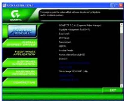 GIGARYTE INSCELL INSTALL COMPRESSI PROCESSED > SOFTWARE APPLICATION BEEF SOFTWARE INFORMATION SEARCHWARE INFORMATION CONTRACT URL GIGARYTE CO.M. (Exposure Lines Manager) Sigtate Management Tool(SRT) Expture1 EMI Version Face Wizard BIOS Audio/Tepper Noise Interest Security(RIS) Excell 9 Silicon Image SATA RAID UNid EXIT