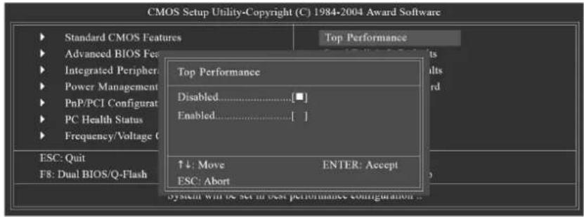 CMOS Setup Utility-Copyright (C) 1984-2004 Award Software ► Standard CMOS Features ► Advanced BIOS Fees ► Integrated Peripher ► Power Management ► PnP/PCI Configurat ► PC Health Status ► Frequency/Voltage C ESC: Quit F8: Dual BIOS/Q-Flash Top Performance Disabled......[■] Enabled......[ ] ↑↓: Move ENTER: Accept ESC: Abort
