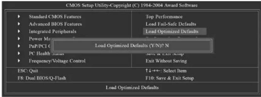 CMOS Setup Utility-Copyright (C) 1984-2004 Award Software ► Standard CMOS Features ► Advanced BIOS Features ► Integrated Peripherals ► Power Ma ► PnP/PCI C ► PC Health Status ► Frequency/Voltage Control Top Performance Load Fail-Safe Defaults Load Optimized Defaults Load Optimized Defaults (Y/N)? N Save & Exit Setup Exit Without Saving ESC: Quit F8: Dual BIOS/Q-Flash ↑↓→←: Select Item F10: Save & Exit Setup Load Optimized Defaults