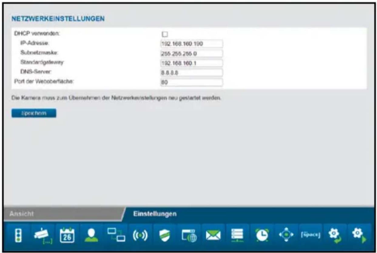 NETZWERKEINSTELLUNGEN DHCP verwenden: IP-Adresse: 102.168.160.100 Subnetzmaske: 255.255.255.0 Standardgateleye: 102.168.160.1 DNS-Server: 8.8.8.8 Port der Weboberfläche: 80 Die Kamera muss zum Übernehmen der Netzwerkeinstellungen neu gestartet werden. Bipachem Ansicht Einstellungen