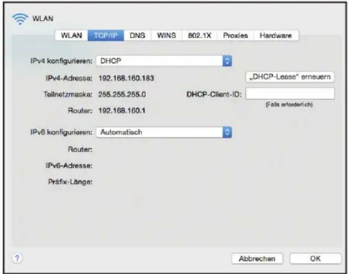 WLAN WLAN TCP/IP DNS WINS 802.1X Proxies Hardware IPv4 konfigurieren: DHCP IPv4-Adresse: 192.168.160.183 „DHCP-Lease" erneuern Teilnetzmaske: 255.255.255.0 DHCP-Client-ID: Router: 192.168.160.1 (Falls erforderlich) IPv6 konfigurieren: Automatisch Router: IPv6-Adresse: Präfix-Länge: Abbrechen OK