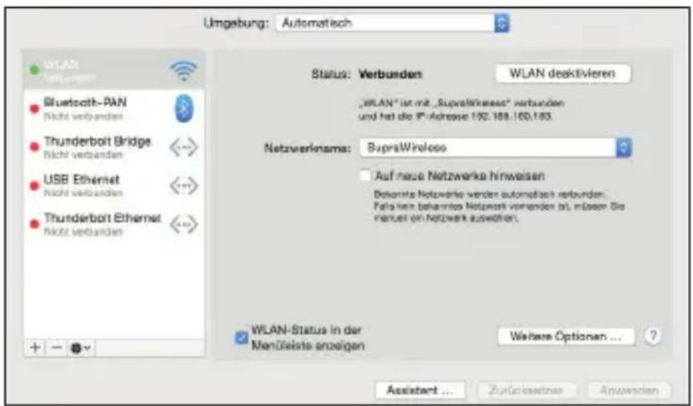 Umgebung: Automatisch WLAN Verändern Bluetooth-PAN Nicht verbanden Thunderbolt Bridge Nicht verbanden USB Ethernet Nicht verbanden Thunderbolt Ethernet Nicht verbanden Status: Verbunden WLAN deaktivieren „WLAN“ ist mit „SupraWireless“ verbunden und hat die IP-Adresee 192.168.160.163. Netzwerkname: SupraWireless Auf neue Netzwerke hinweisen Deharate Netzwerke werden automatisch rebunden. Falla kein behannita Netzwerk verwenden bil müssen Die nauter on Netzwerk auswerten. WLAN-Status in der Menüleiste anzeigen Weitere Optionen ... + - Assistart... Zurückseitner Anwendern...