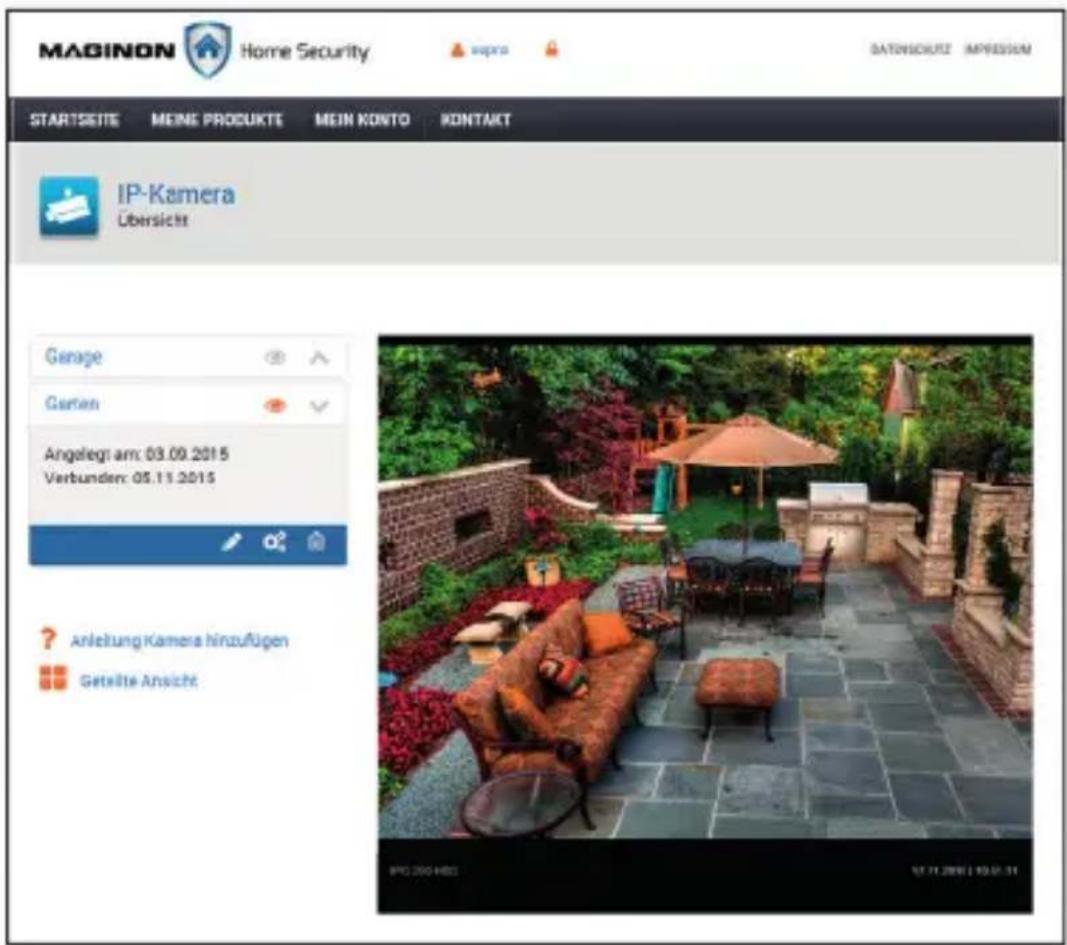 MAGINON Home Security STARTSEITE MEINE PRODUKTE MEIN KONTO KONTAKT IP-Kamera Übersicht Genage Garten Angaleg: am: 03.09.2015 Verbunden: 05.11.2015 Anleitung Kamera hirzuflügen Getteilte Ansicht IPG 200 HBD SAT 11.2006 | 10:00:11