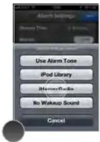 Alarm Settings Send to Time Use Alarm Tone iPod Library iHomer/Radio No Wakeup Sound Cancel