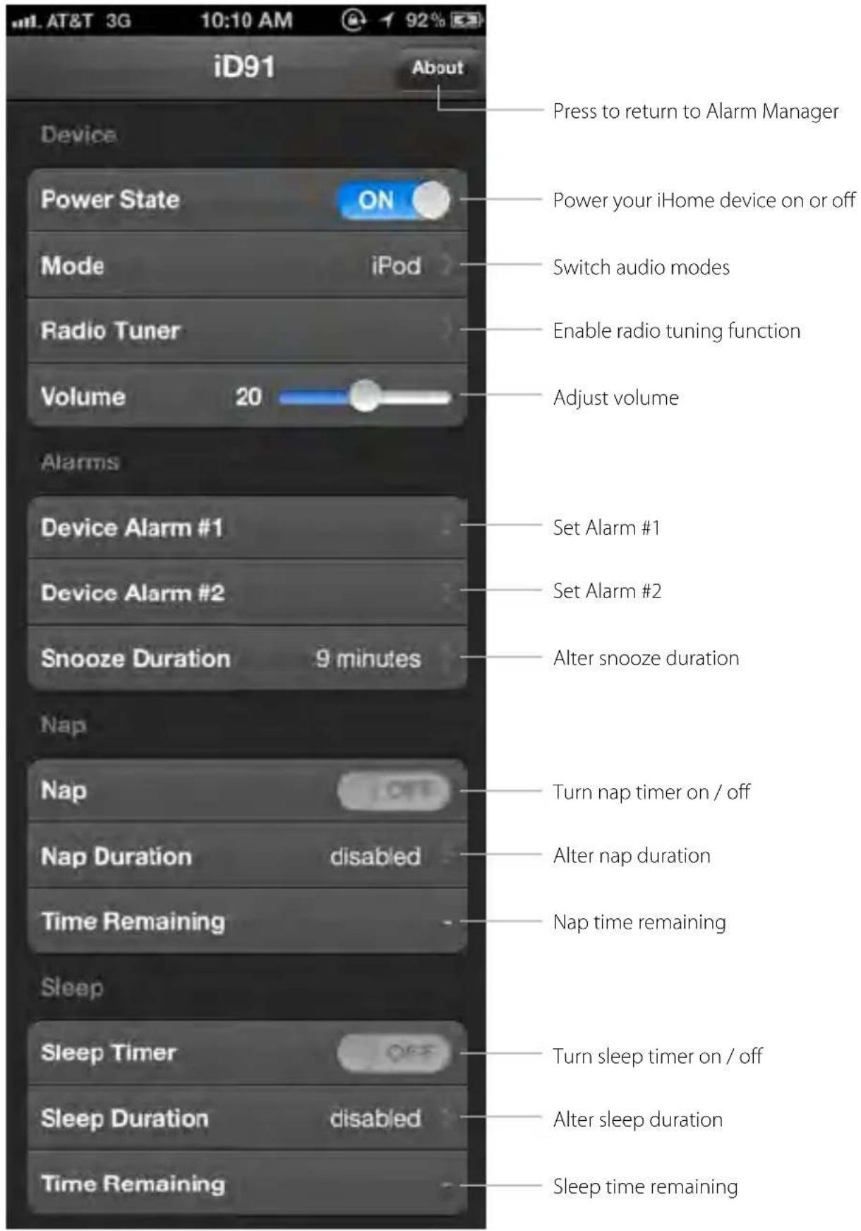 Press to return to Alarm Manager Power State ON Mode iPod Radio Tuner Volume 20 Adjust volume Alarms Device Alarm #1 Device Alarm #2 Snooze Duration 9 minutes Nap Nap Duration disabled Time Remaining Sleep Sleep Timer off Sleep Duration disabled Time Remaining Power your iHome device on or off Switch audio modes Enable radio tuning function Set Alarm #1 Set Alarm #2 Alter snooze duration Turn nap timer on / off Alter nap duration Nap time remaining Turn sleep timer on / off Alter sleep duration Sleep time remaining