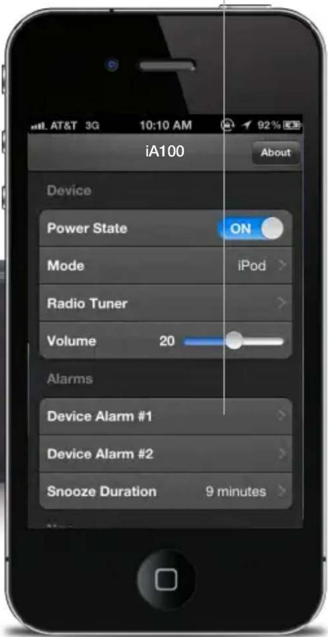 iA100 About Device Power State ON Mode iPod > Radio Tuner > Volume 20 Alarms Device Alarm #1 > Device Alarm #2 > Snooze Duration 9 minutes >