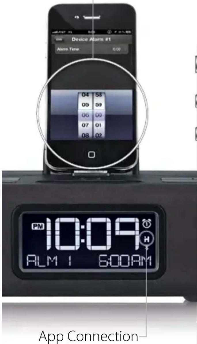 Device Alarm #1 Alarm Time 0:00 04 58 05 59 06 02 07 01 08 02 PM 10:09 ALM 1 6:00AM App Connection