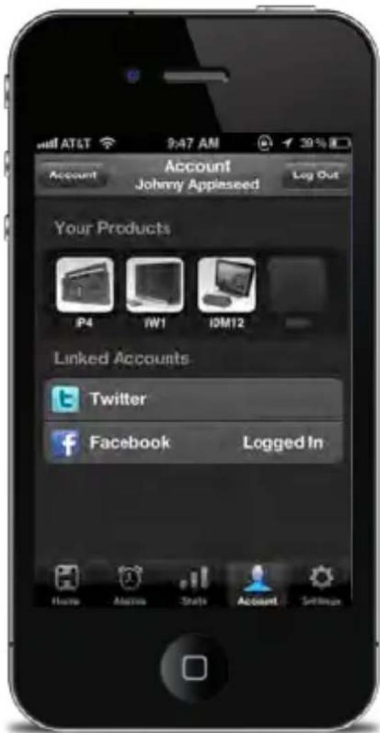 AT&T 9:47 AM Account Johnny Appleseed Log Out Your Products P4 IWI IDM12 Linked Accounts Twitter Facebook Logged In