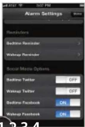 Alarm Settings Reminders Bedtime Reminder Walng up Reminder Social Media Options Bedtime Twitter OFF Walng up Twitter OFF Bedtime Facebook ON Walng up Facebook ON