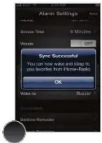 Alarm Settings Squeeze Time 9 Minutes Vibrate OFF Sync Successful You can now wake and sleep to you favorites from Horse+Radio OK Wake-to Bluzzer Send passengers Bectone Remender