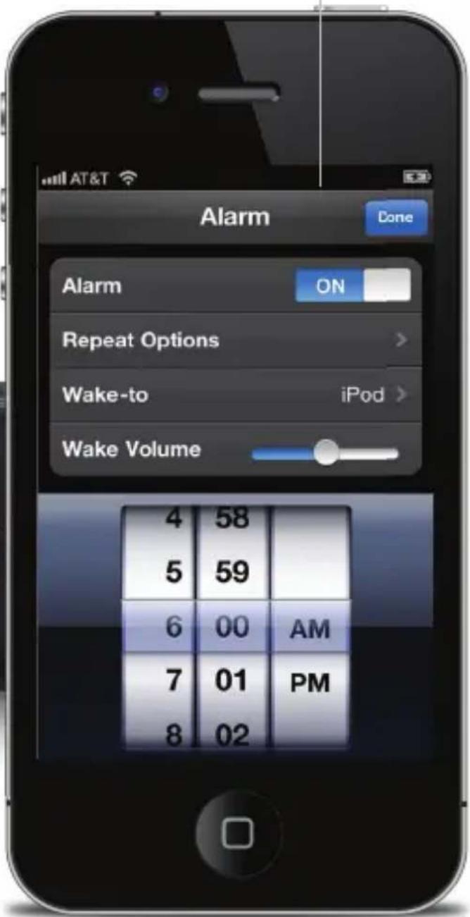 AT&T Alarm Done Alarm ON Repeat Options > Wake-to iPod > Wake Volume 4 58 5 59 6 00 AM 7 01 PM 8 02