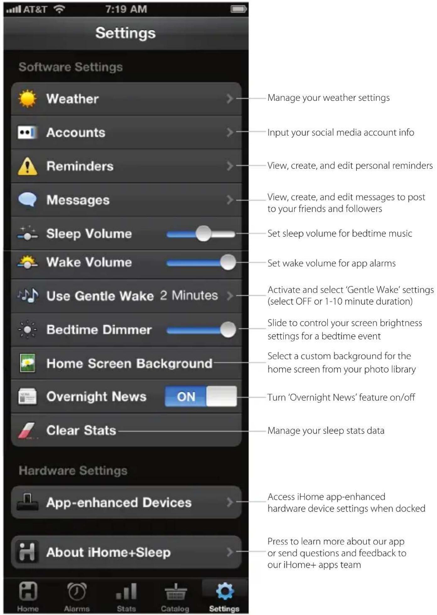 Settings Software Settings Weather Accounts Reminders Messages Sleep Volume Wake Volume Use Gentle Wake 2 Minutes Bedtime Dimmer Home Screen Background Overnight News ON Clear Stats Hardware Settings App-enhanced Devices About iHome+Sleep Manage your weather settings Input your social media account info View, create, and edit personal reminders View, create, and edit messages to post to your friends and followers Set sleep volume for bedtime music Set wake volume for app alarms Activate and select 'Gentle Wake' settings (select OFF or 1-10 minute duration) Slide to control your screen brightness settings for a bedtime event Select a custom background for the home screen from your photo library Turn 'Overnight News' feature on/off Manage your sleep stats data Access iHome app-enhanced hardware device settings when docked Press to learn more about our app or send questions and feedback to our iHome+ apps team