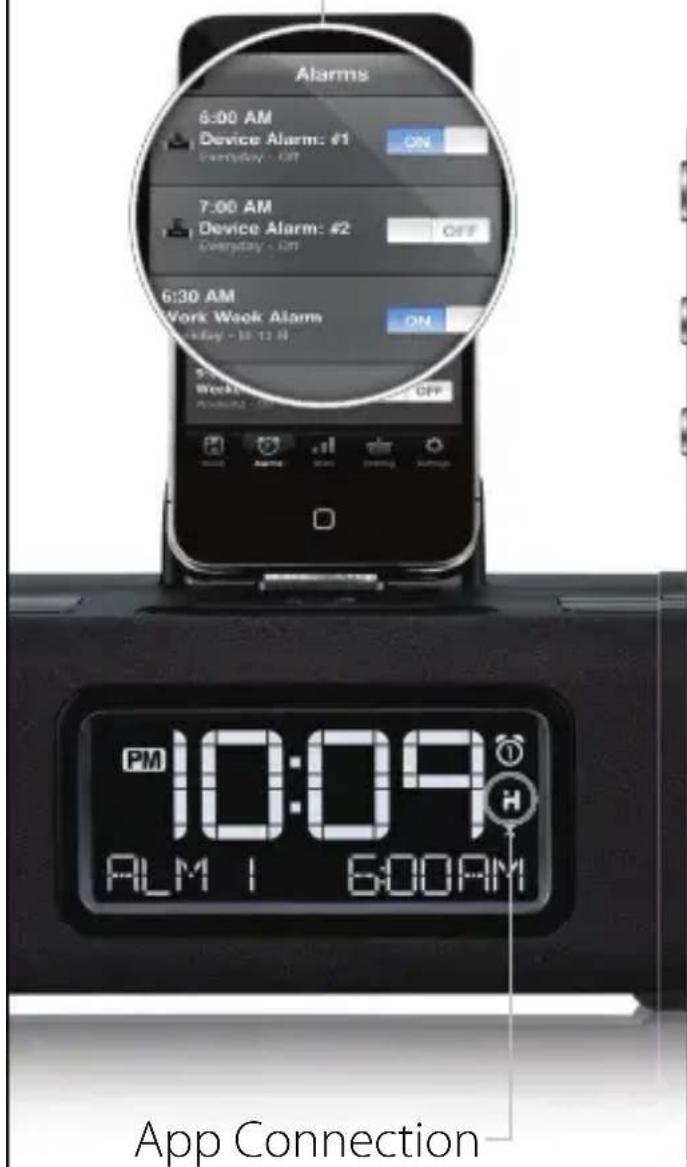 Alarms 6:00 AM Device Alarm: #1 ON Everyday - On 7:00 AM Device Alarm: #2 OFF Everyday - On 6:30 AM Work Week Alarm Monday - 10:12 H 5:00 AM Weeks - ON OFF App Connection PM 10:09 H ALM I 6:00AM