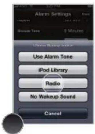 Alarm Settings Use Alarm Tone iPod Library Radio No Wakeup Sound Cancel