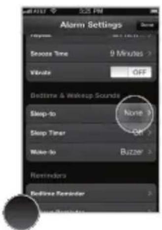 Alarm Settings Response: 2.5 PM Season Time 9 Minutes > Pause OFF Bedtime & Wakeup Sounds Sleep-to None > Sleep Timer Off > Make-to Buzzer > Reminders Bedline Reminder >