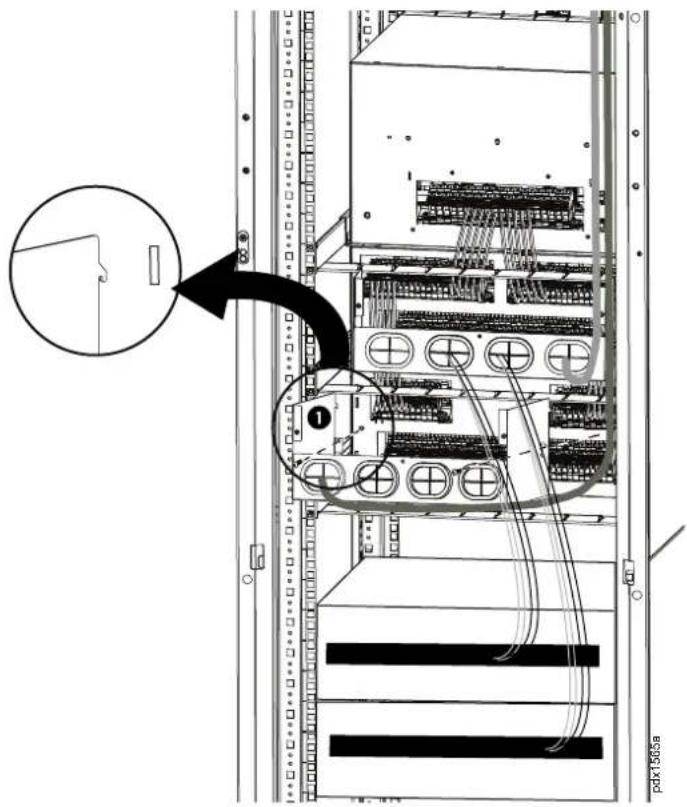 Technical diagram of a server rack with labeled components and connection arrows, including a magnified inset showing a cable or connector.