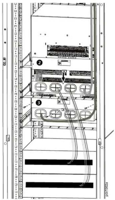 Technical diagram of a server rack with labeled components and wiring connections