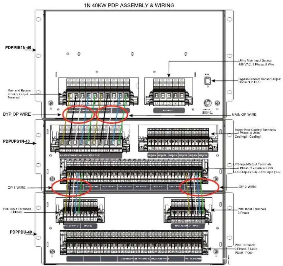 1N 40KW PDP ASSEMBLY & WIRING PDPMIB1N-40 Utility Main Input Source 430 VAC, 3 Phase, 5 Wire Bypass Breaker Sensor Output Connect to UPS Main and Bypass Breaker Output Terminal MAIN OP WIRE PDPUPS1N-40 Indoor Row Cooling Terminals 1 Phase, 8 Units Cooling8 - Coding1 UPS InputOutput Terminals 1 Phase, 3 x Parallel Units UPS Output (1-3) - UPS Input (1-3) OP 1 WIRE OP 2 WIRE POU Input Terminals 3 Phase POU Input Terminals 3 Phase PDPPDU-40 PDU Terminals 0 Phase, 6 Units PDUE - PDU1