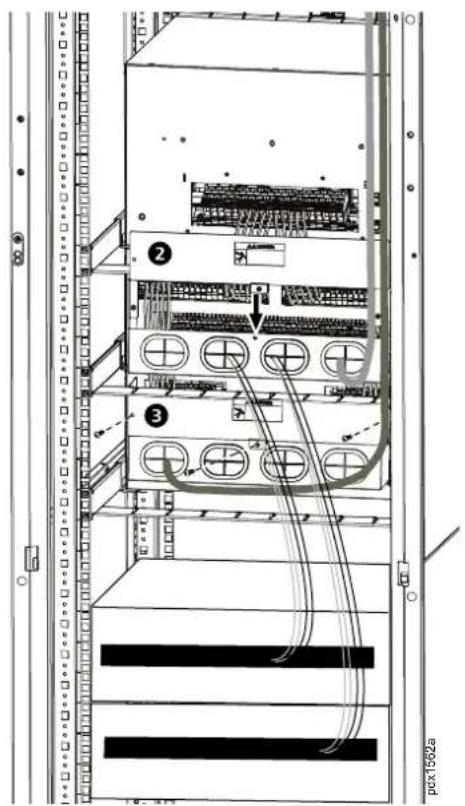 Technical diagram of server rack with labeled components and wiring connections