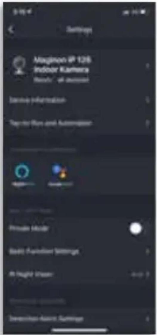 Maglinon IP 128 indoor Camera Results of output Show information Take the Run and Automation Private Mode Start Functioner Settings At Height Window Show mode options Settings