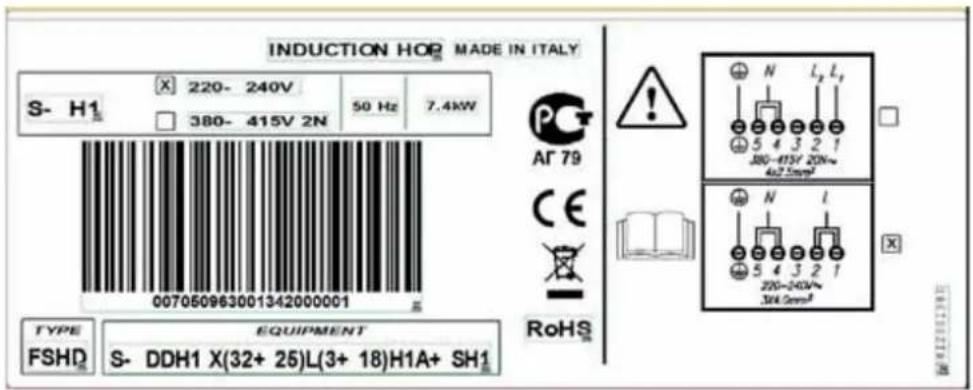 INDUCTION HOP MADE IN ITALY S- H1 220- 240V 50 Hz 7.4kW 380- 415V 2N 007050963001342000001 TYPE EQUIPMENT FSHD S- DDH1 X(32+ 25)L(3+ 18)H1A+ SH1 PG AR 79 CE RoHS N L2 L1 5 4 3 2 1 380-415Y 20N~ 4x2.5mm² N L 5 4 3 2 1 220-240V~ 3X4.0mm²