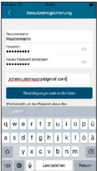 Benutzerreglistierung Benutzername Mustermann Password ********** Neues Password bestätigen ********** Johnmustersuorg@gmail.com Bestätigungscode anfordem Wert benutzt, um des Passwert abgewöfen .com? q w e r t z u i o p ü a s d f g h j k l ö ä y x c v b n m 123 Leerzeichen Return