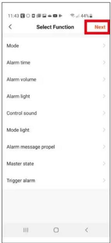 11:43 Select Function Next Mode Alarm time Alarm volume Alarm light Control sound Mode light Alarm message propel Master state Trigger alarm
