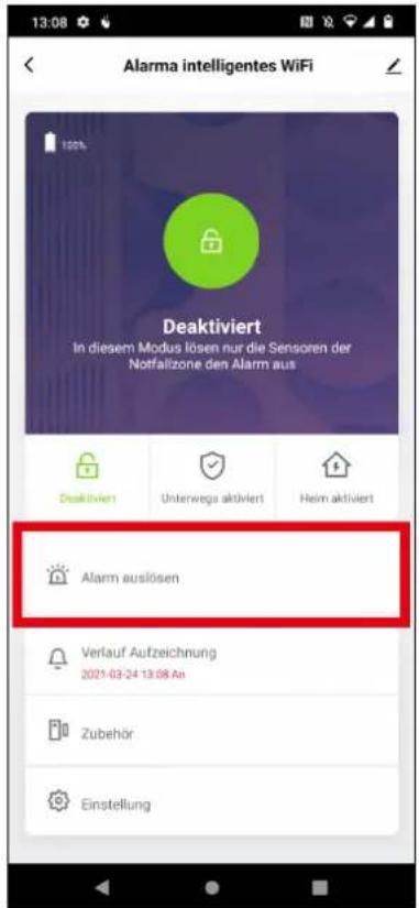13:08 Alarma intelligentes WiFi Deaktiviert In diesem Modus lösen nur die Sensoren der Nortfallzone den Alarm aus Alarm auslösen Verlauf Aufzeichnung 2021-03-24 13:08 An Zubehör Einstellung