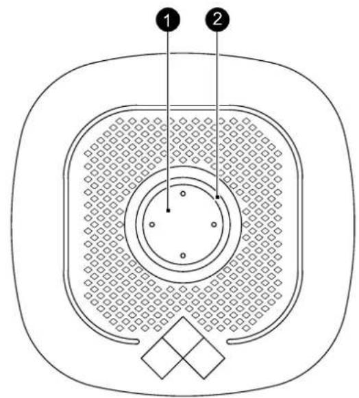 Diagram of a circular device with labeled parts, showing concentric rings and central hub with two numbered points.