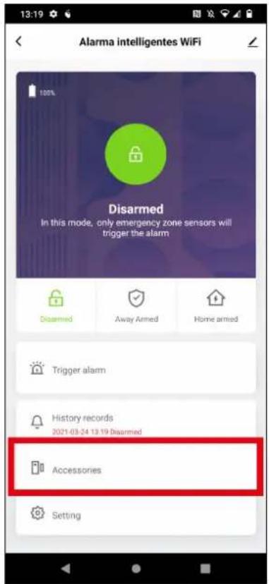 13:19 Alarma intelligentes WiFi Disarmed In this mode, only emergency zone sensors will trigger the alarm Disarmed Away Armed Home armed Trigger alarm History records 2021-03-24 13:19 Disarmed Accessories Setting