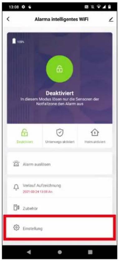 13:08 Alarma intelligentes WiFi 100% Deaktiviert In diesem Modus lösen nur die Sensoren der Notfallzone den Alarm aus Deaktiviert Unterwegs aktiviert Heim aktiviert Alarm auslösen Verlauf Aufzeichnung 2021-03-24 13:08 An Zubehör Einstellung