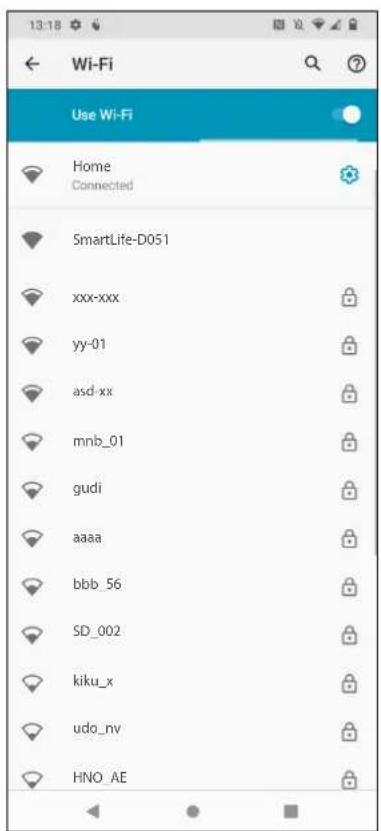 13:18 Wi-Fi Use Wi-Fi Home Connected SmartLife-D051 xxx-xxx yy-01 asd-xx mnb_01 gudi aaaa bbb_56 SD_002 kiku_x udo_nv HNO_AE