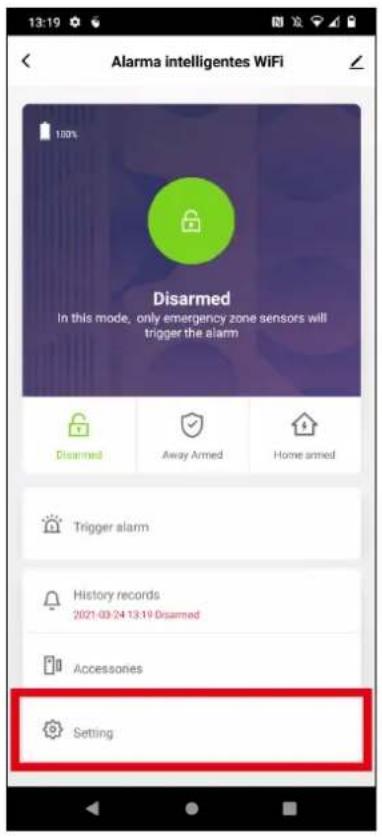 13:19 Alarma intelligentes WiFi Disarmed In this mode, only emergency zone sensors will trigger the alarm Disarmed Away Armed Home armed Trigger alarm History records 2021-03-24 13:19 Disarmed Accessories Setting