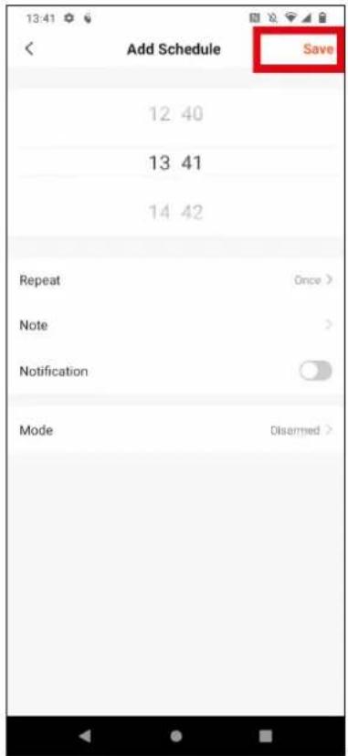 13:41 Add Schedule Save 12 40 13 41 14 42 Repeat Once > Note > Notification Mode Disermed >