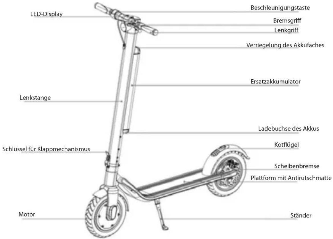LED-Display Beschleunigungstaste Bremsgriff Lenkgriff Verriegelung des Akkufaches Ersatzakkumulator Lenkstange Schlüssel für Klappmechanismus Motor Ladebuchse des Akkus Kotflügel Scheibenbremse Plattform mit Antirutschmatte Ständer