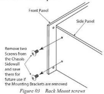 Front Panel Side Panel Remove two Screws from the Chassis Sidewall and save them for future use if the Mounting Brackets are removed Figure 03 Rack Mount screws