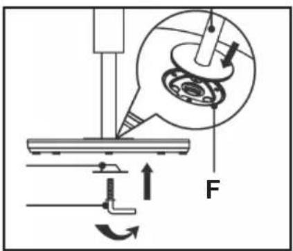 Technical diagram showing mechanical assembly with labeled component 'F' and directional arrows indicating motion or force
