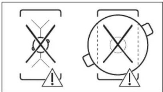 Two safety warning symbols: crossed-out cross symbol and triangular warning triangle with exclamation mark