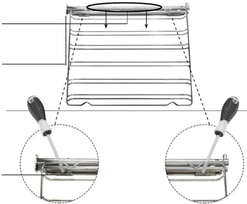 Diagram illustrating a mechanical setup with labeled components and two close-up views of a device with tool tips.