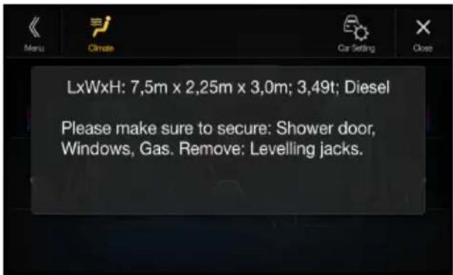LxWxH: 7,5m x 2,25m x 3,0m; 3,49t; Diesel Please make sure to secure: Shower door, Windows, Gas. Remove: Levelling jacks.