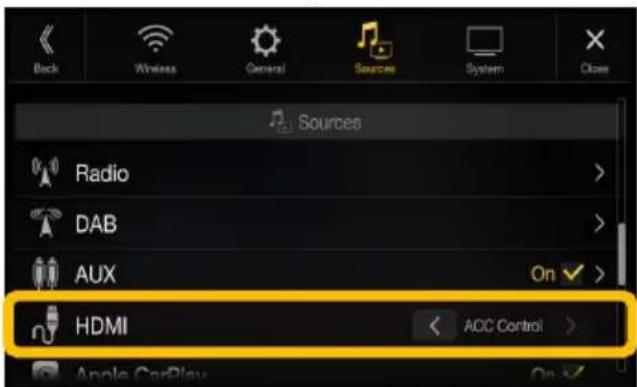 Back Wireless General Sources System Close Sources Radio DAB Aux On HDMI ACC Control Apple CarPlay