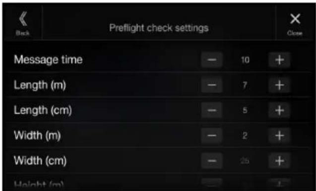 Back Preflight check settings Message time Length (m) Length (cm) Width (m) Width (cm) Height (m)